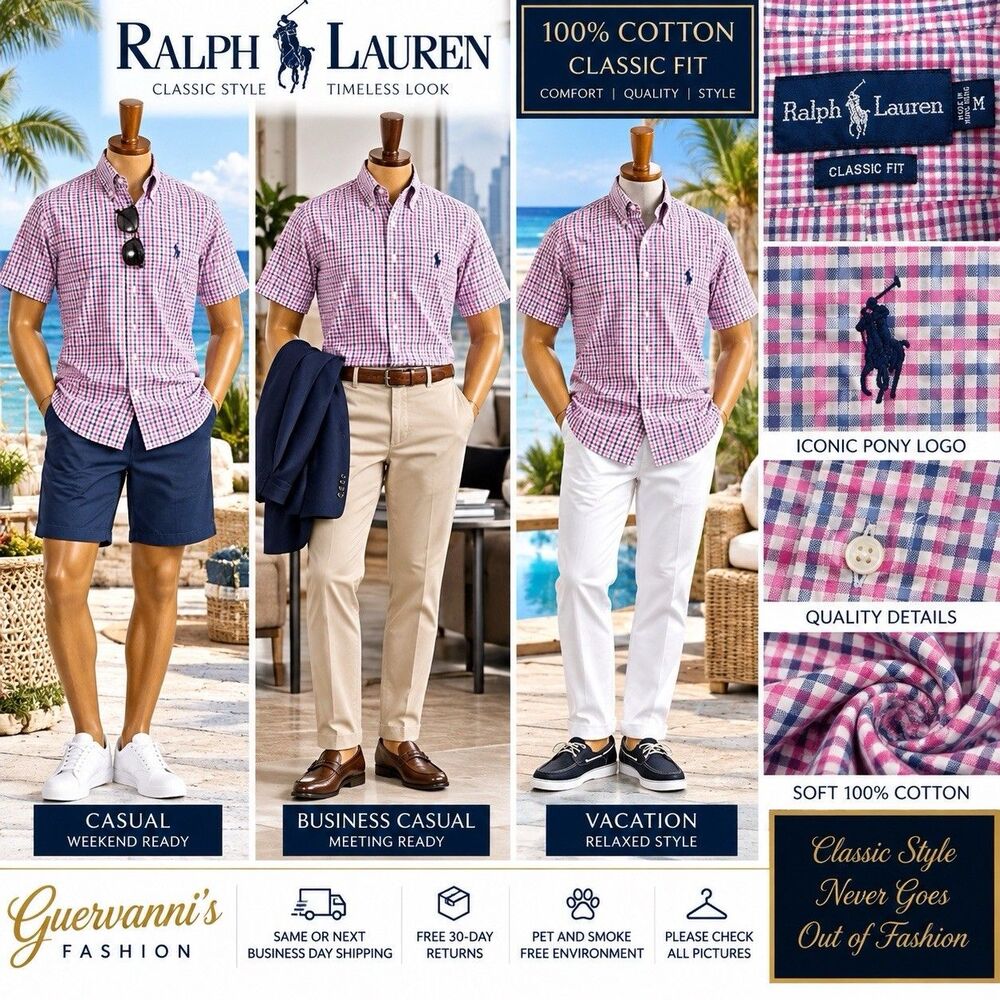 Ralph Lauren Men's M Regular Cotton Gingham Check Short Sleeve Button-Down Shirt